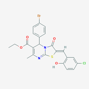 molecular formula C23H18BrClN2O4S B314579 ethyl 5-(4-bromophenyl)-2-(5-chloro-2-hydroxybenzylidene)-7-methyl-3-oxo-2,3-dihydro-5H-[1,3]thiazolo[3,2-a]pyrimidine-6-carboxylate 