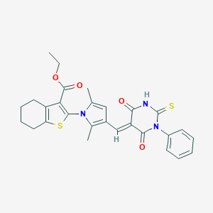 molecular formula C28H27N3O4S2 B314584 ethyl 2-{3-[(E)-(4,6-dioxo-1-phenyl-2-thioxotetrahydropyrimidin-5(2H)-ylidene)methyl]-2,5-dimethyl-1H-pyrrol-1-yl}-4,5,6,7-tetrahydro-1-benzothiophene-3-carboxylate 