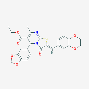 molecular formula C26H22N2O7S B314602 ethyl 5-(1,3-benzodioxol-5-yl)-2-(2,3-dihydro-1,4-benzodioxin-6-ylmethylene)-7-methyl-3-oxo-2,3-dihydro-5H-[1,3]thiazolo[3,2-a]pyrimidine-6-carboxylate 