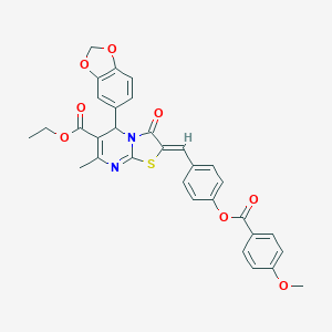 molecular formula C32H26N2O8S B314603 ethyl 5-(1,3-benzodioxol-5-yl)-2-{4-[(4-methoxybenzoyl)oxy]benzylidene}-7-methyl-3-oxo-2,3-dihydro-5H-[1,3]thiazolo[3,2-a]pyrimidine-6-carboxylate 