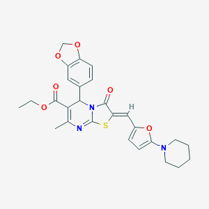 molecular formula C27H27N3O6S B314604 ethyl 5-(1,3-benzodioxol-5-yl)-7-methyl-3-oxo-2-{[5-(1-piperidinyl)-2-furyl]methylene}-2,3-dihydro-5H-[1,3]thiazolo[3,2-a]pyrimidine-6-carboxylate 