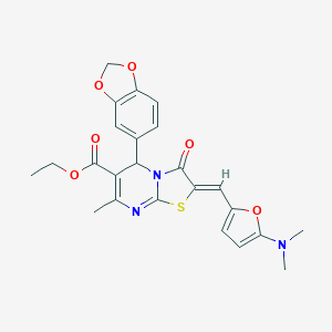 molecular formula C24H23N3O6S B314605 ethyl 5-(1,3-benzodioxol-5-yl)-2-{[5-(dimethylamino)-2-furyl]methylene}-7-methyl-3-oxo-2,3-dihydro-5H-[1,3]thiazolo[3,2-a]pyrimidine-6-carboxylate 