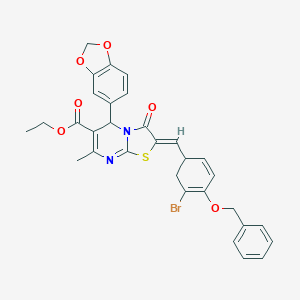 molecular formula C31H27BrN2O6S B314606 ethyl 5-(1,3-benzodioxol-5-yl)-2-{[4-(benzyloxy)-5-bromo-2,4-cyclohexadien-1-yl]methylene}-7-methyl-3-oxo-2,3-dihydro-5H-[1,3]thiazolo[3,2-a]pyrimidine-6-carboxylate 