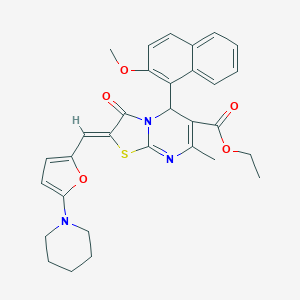 molecular formula C31H31N3O5S B314608 ethyl 5-(2-methoxy-1-naphthyl)-7-methyl-3-oxo-2-{[5-(1-piperidinyl)-2-furyl]methylene}-2,3-dihydro-5H-[1,3]thiazolo[3,2-a]pyrimidine-6-carboxylate 