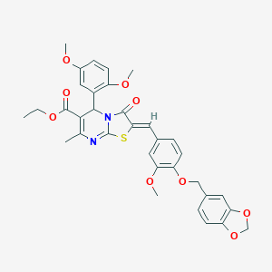 molecular formula C34H32N2O9S B314633 ethyl 2-[4-(1,3-benzodioxol-5-ylmethoxy)-3-methoxybenzylidene]-5-(2,5-dimethoxyphenyl)-7-methyl-3-oxo-2,3-dihydro-5H-[1,3]thiazolo[3,2-a]pyrimidine-6-carboxylate 