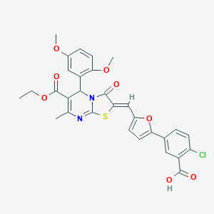 2-chloro-5-(5-{(Z)-[5-(2,5-dimethoxyphenyl)-6-(ethoxycarbonyl)-7-methyl-3-oxo-5H-[1,3]thiazolo[3,2-a]pyrimidin-2(3H)-ylidene]methyl}-2-furyl)benzoic acid