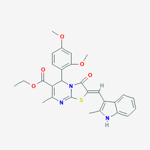 molecular formula C28H27N3O5S B314640 ethyl (2Z)-5-(2,4-dimethoxyphenyl)-7-methyl-2-[(2-methyl-1H-indol-3-yl)methylene]-3-oxo-2,3-dihydro-5H-[1,3]thiazolo[3,2-a]pyrimidine-6-carboxylate 