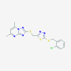molecular formula C17H15ClN6S3 B314648 2-[({5-[(2-Chlorobenzyl)sulfanyl]-1,3,4-thiadiazol-2-yl}methyl)sulfanyl]-5,7-dimethyl[1,2,4]triazolo[1,5-a]pyrimidine 