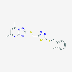molecular formula C18H18N6S3 B314649 5,7-Dimethyl-2-[({5-[(2-methylbenzyl)sulfanyl]-1,3,4-thiadiazol-2-yl}methyl)sulfanyl][1,2,4]triazolo[1,5-a]pyrimidine 