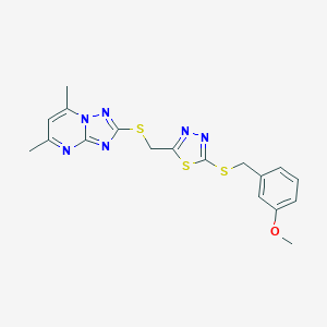 molecular formula C18H18N6OS3 B314650 2-[({5-[(3-Methoxybenzyl)sulfanyl]-1,3,4-thiadiazol-2-yl}methyl)sulfanyl]-5,7-dimethyl[1,2,4]triazolo[1,5-a]pyrimidine 