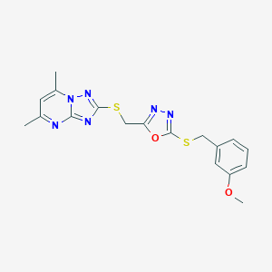molecular formula C18H18N6O2S2 B314651 3-{[(5-{[(5,7-Dimethyl[1,2,4]triazolo[1,5-a]pyrimidin-2-yl)sulfanyl]methyl}-1,3,4-oxadiazol-2-yl)sulfanyl]methyl}phenyl methyl ether 