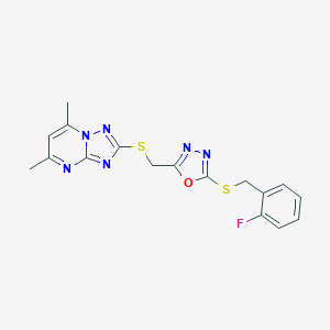 molecular formula C17H15FN6OS2 B314652 2-[({5-[(2-Fluorobenzyl)sulfanyl]-1,3,4-oxadiazol-2-yl}methyl)sulfanyl]-5,7-dimethyl[1,2,4]triazolo[1,5-a]pyrimidine 