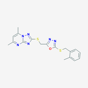 molecular formula C18H18N6OS2 B314653 5,7-Dimethyl-2-[({5-[(2-methylbenzyl)sulfanyl]-1,3,4-oxadiazol-2-yl}methyl)sulfanyl][1,2,4]triazolo[1,5-a]pyrimidine 
