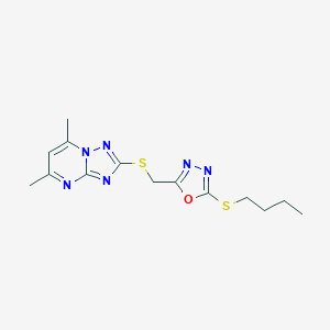 molecular formula C14H18N6OS2 B314661 2-({[5-(Butylthio)-1,3,4-oxadiazol-2-yl]methyl}thio)-5,7-dimethyl[1,2,4]triazolo[1,5-a]pyrimidine 