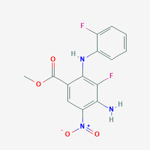 molecular formula C14H11F2N3O4 B3146721 Methyl 4-amino-3-fluoro-2-((2-fluorophenyl)amino)-5-nitrobenzoate CAS No. 606143-94-6