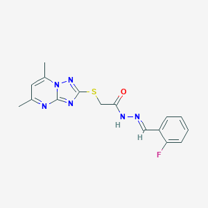 molecular formula C16H15FN6OS B314675 2-[(5,7-dimethyl[1,2,4]triazolo[1,5-a]pyrimidin-2-yl)sulfanyl]-N'-(2-fluorobenzylidene)acetohydrazide 