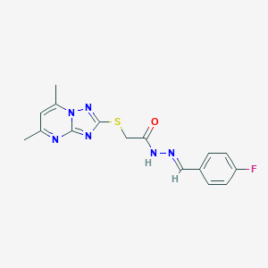 molecular formula C16H15FN6OS B314677 2-[(5,7-dimethyl[1,2,4]triazolo[1,5-a]pyrimidin-2-yl)sulfanyl]-N'-(4-fluorobenzylidene)acetohydrazide 