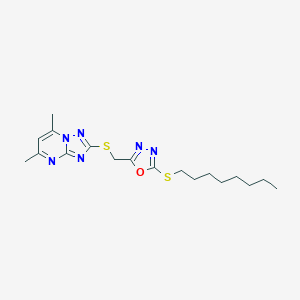 molecular formula C18H26N6OS2 B314679 5,7-Dimethyl-2-({[5-(octylsulfanyl)-1,3,4-oxadiazol-2-yl]methyl}sulfanyl)[1,2,4]triazolo[1,5-a]pyrimidine 
