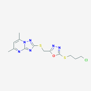 molecular formula C13H15ClN6OS2 B314680 2-[({5-[(3-Chloropropyl)sulfanyl]-1,3,4-oxadiazol-2-yl}methyl)sulfanyl]-5,7-dimethyl[1,2,4]triazolo[1,5-a]pyrimidine 