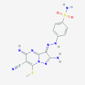 molecular formula C14H13N9O2S2 B314819 4-[(2E)-2-(2-amino-6-cyano-5-imino-7-methylsulfanylpyrazolo[1,5-a]pyrimidin-3-ylidene)hydrazinyl]benzenesulfonamide 