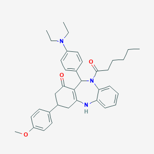 molecular formula C36H43N3O3 B314829 11-[4-(diethylamino)phenyl]-10-hexanoyl-3-(4-methoxyphenyl)-2,3,4,5,10,11-hexahydro-1H-dibenzo[b,e][1,4]diazepin-1-one 