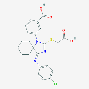 molecular formula C23H22ClN3O4S B314843 3-{(4E)-2-[(carboxymethyl)sulfanyl]-4-[(4-chlorophenyl)imino]-1,3-diazaspiro[4.5]dec-2-en-1-yl}benzoic acid 