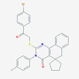 molecular formula C31H27BrN2O2S B314893 2-{[2-(4-bromophenyl)-2-oxoethyl]sulfanyl}-3-(4-methylphenyl)-5,6-dihydrospiro(benzo[h]quinazoline-5,1'-cyclopentane)-4(3H)-one 