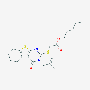 molecular formula C21H28N2O3S2 B314914 Pentyl {[3-(2-methylprop-2-en-1-yl)-4-oxo-3,4,5,6,7,8-hexahydro[1]benzothieno[2,3-d]pyrimidin-2-yl]sulfanyl}acetate 