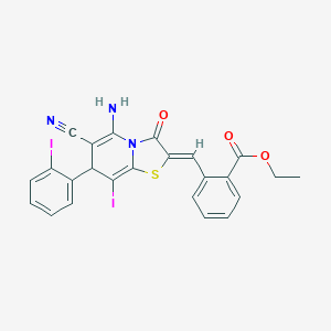 ethyl 2-{(Z)-[5-amino-6-cyano-8-iodo-7-(2-iodophenyl)-3-oxo-7H-[1,3]thiazolo[3,2-a]pyridin-2(3H)-ylidene]methyl}benzoate