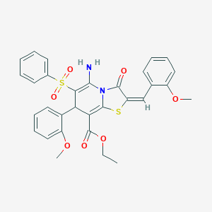 molecular formula C31H28N2O7S2 B314937 ethyl (2E)-5-amino-2-(2-methoxybenzylidene)-7-(2-methoxyphenyl)-3-oxo-6-(phenylsulfonyl)-2,3-dihydro-7H-[1,3]thiazolo[3,2-a]pyridine-8-carboxylate 