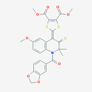 molecular formula C27H23NO8S3 B314946 dimethyl 2-[1-(1,3-benzodioxol-5-ylcarbonyl)-6-methoxy-2,2-dimethyl-3-thioxo-2,3-dihydroquinolin-4(1H)-ylidene]-1,3-dithiole-4,5-dicarboxylate 
