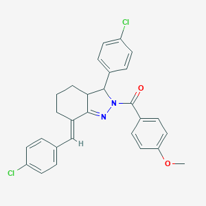 molecular formula C28H24Cl2N2O2 B314949 7-(4-chlorobenzylidene)-3-(4-chlorophenyl)-2-(4-methoxybenzoyl)-3,3a,4,5,6,7-hexahydro-2H-indazole 