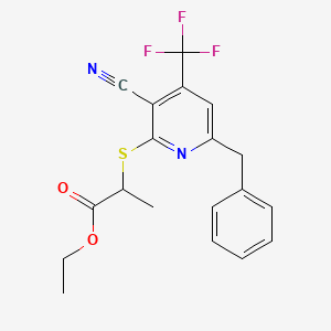 molecular formula C19H17F3N2O2S B3149613 Ethyl 2-[6-benzyl-3-cyano-4-(trifluoromethyl)pyridin-2-yl]sulfanylpropanoate CAS No. 674805-46-0