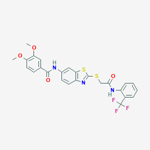 molecular formula C25H20F3N3O4S2 B315691 3,4-dimethoxy-N-{2-[(2-oxo-2-{[2-(trifluoromethyl)phenyl]amino}ethyl)sulfanyl]-1,3-benzothiazol-6-yl}benzamide 