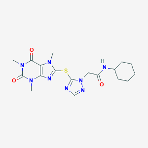 molecular formula C18H24N8O3S B315699 N-cyclohexyl-2-{5-[(1,3,7-trimethyl-2,6-dioxo-2,3,6,7-tetrahydro-1H-purin-8-yl)sulfanyl]-1H-1,2,4-triazol-1-yl}acetamide 