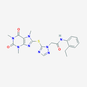 molecular formula C20H22N8O3S B315700 N-(2-ethylphenyl)-2-{5-[(1,3,7-trimethyl-2,6-dioxo-2,3,6,7-tetrahydro-1H-purin-8-yl)sulfanyl]-1H-1,2,4-triazol-1-yl}acetamide 