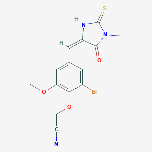 molecular formula C14H12BrN3O3S B315721 2-[2-bromo-6-methoxy-4-[(E)-(1-methyl-5-oxo-2-sulfanylideneimidazolidin-4-ylidene)methyl]phenoxy]acetonitrile 