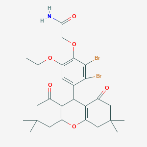molecular formula C27H31Br2NO6 B315738 2-[2,3-dibromo-6-ethoxy-4-(3,3,6,6-tetramethyl-1,8-dioxo-2,3,4,5,6,7,8,9-octahydro-1H-xanthen-9-yl)phenoxy]acetamide 