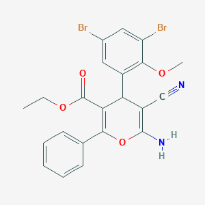 molecular formula C22H18Br2N2O4 B315743 ethyl 6-amino-5-cyano-4-(3,5-dibromo-2-methoxyphenyl)-2-phenyl-4H-pyran-3-carboxylate 