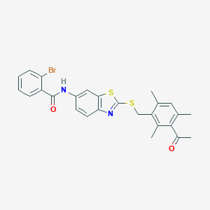 molecular formula C26H23BrN2O2S2 B315753 N-{2-[(3-acetyl-2,4,6-trimethylbenzyl)sulfanyl]-1,3-benzothiazol-6-yl}-2-bromobenzamide 