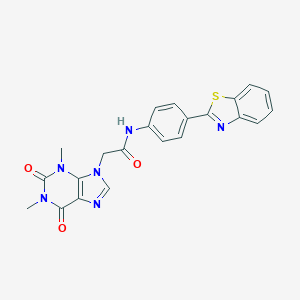 molecular formula C22H18N6O3S B315779 N-[4-(1,3-benzothiazol-2-yl)phenyl]-2-(1,3-dimethyl-2,6-dioxo-1,2,3,6-tetrahydro-9H-purin-9-yl)acetamide 