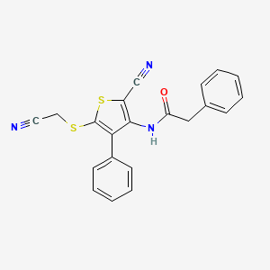 molecular formula C21H15N3OS2 B3158742 N-{2-cyano-5-[(cyanomethyl)sulfanyl]-4-phenyl-3-thienyl}-2-phenylacetamide CAS No. 860609-98-9