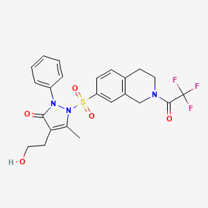 molecular formula C23H22F3N3O5S B3159171 4-(2-hydroxyethyl)-5-methyl-2-phenyl-1-{[2-(2,2,2-trifluoroacetyl)-1,2,3,4-tetrahydro-7-isoquinolinyl]sulfonyl}-1,2-dihydro-3H-pyrazol-3-one CAS No. 861207-34-3