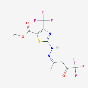 molecular formula C12H11F6N3O3S B3159231 ethyl 4-(trifluoromethyl)-2-[(2Z)-2-(5,5,5-trifluoro-4-oxopentan-2-ylidene)hydrazinyl]-1,3-thiazole-5-carboxylate CAS No. 861209-55-4