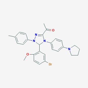 molecular formula C28H29BrN4O2 B315979 1-{5-(5-bromo-2-methoxyphenyl)-1-(4-methylphenyl)-4-[4-(1-pyrrolidinyl)phenyl]-4,5-dihydro-1H-1,2,4-triazol-3-yl}ethanone 