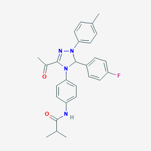 molecular formula C27H27FN4O2 B315993 N-{4-[3-acetyl-5-(4-fluorophenyl)-1-(4-methylphenyl)-1,5-dihydro-4H-1,2,4-triazol-4-yl]phenyl}-2-methylpropanamide 