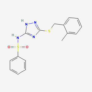 molecular formula C16H16N4O2S2 B3160172 N-{5-[(2-methylbenzyl)sulfanyl]-1H-1,2,4-triazol-3-yl}benzenesulfonamide CAS No. 866011-02-1