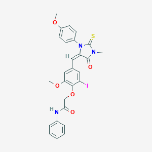 molecular formula C27H24IN3O5S B316029 2-(2-iodo-6-methoxy-4-{[3-(4-methoxyphenyl)-1-methyl-5-oxo-2-thioxo-4-imidazolidinylidene]methyl}phenoxy)-N-phenylacetamide 