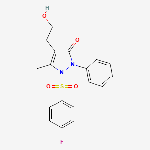 molecular formula C18H17FN2O4S B3160336 1-[(4-fluorophenyl)sulfonyl]-4-(2-hydroxyethyl)-5-methyl-2-phenyl-1,2-dihydro-3H-pyrazol-3-one CAS No. 866039-76-1