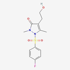 molecular formula C13H15FN2O4S B3160350 1-[(4-fluorophenyl)sulfonyl]-4-(2-hydroxyethyl)-2,5-dimethyl-1,2-dihydro-3H-pyrazol-3-one CAS No. 866039-87-4